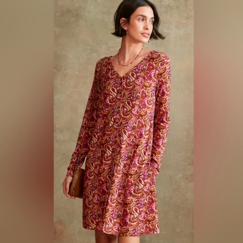 Garnet Hill Phoebe Button Front Knit Dress Spiced Rose Ikat Size Small NEW NWOT